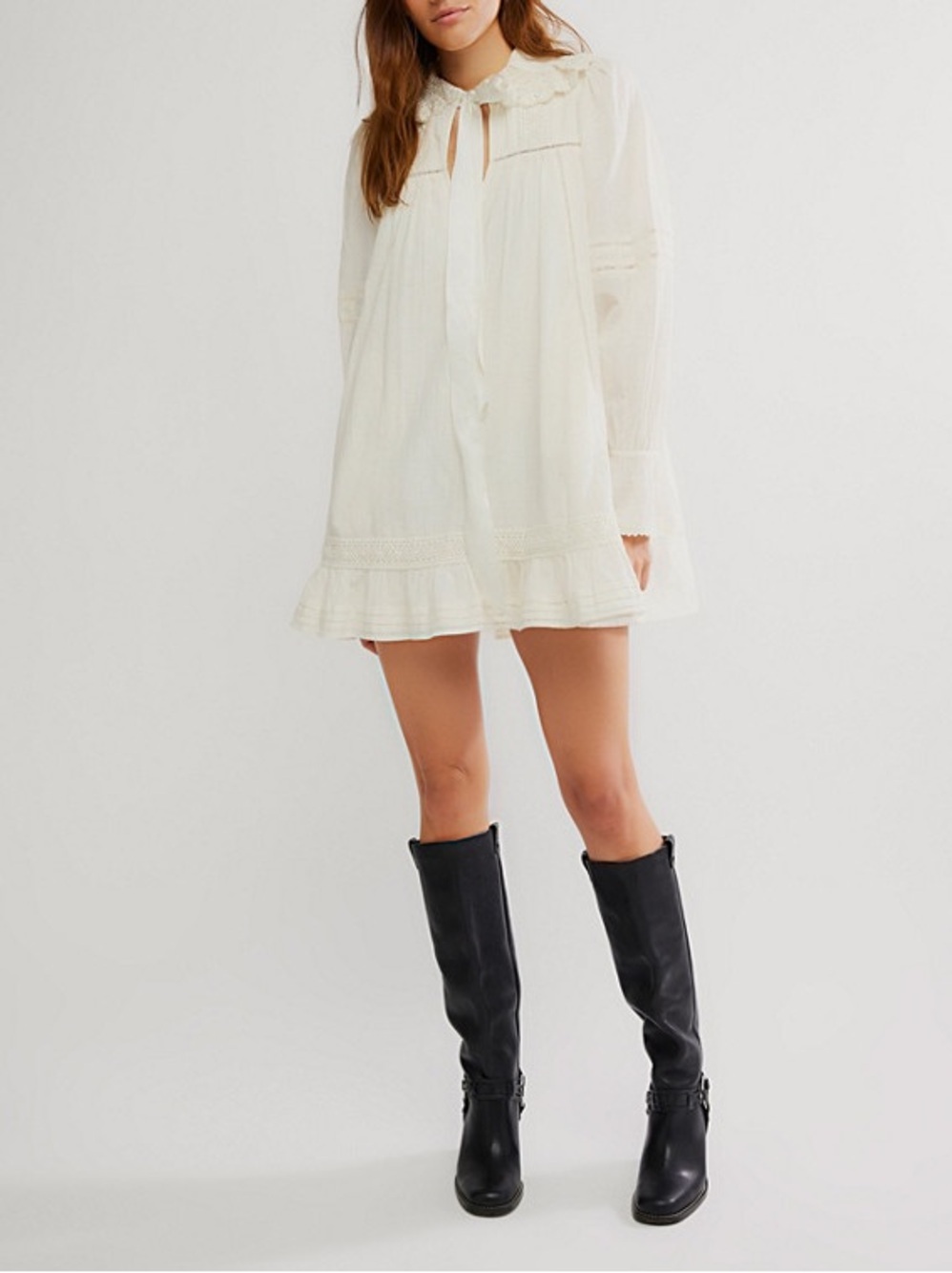 Free People Ivory Long-Sleeve Tie-Neck Mini Dress Size SP